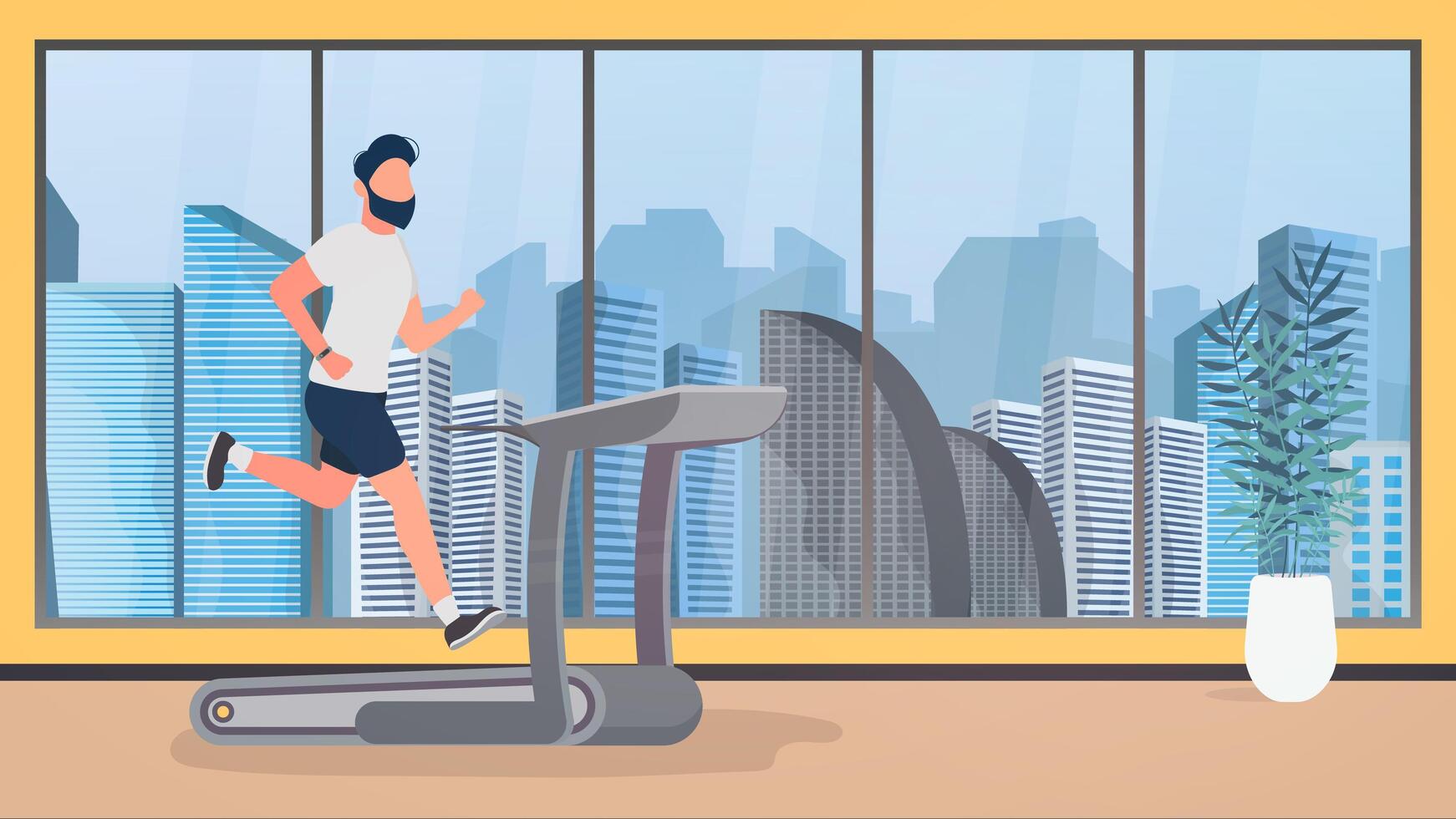 el chico corre en una caminadora. un hombre corre en un simulador. el concepto de deporte y estilo de vida saludable. vector. vector