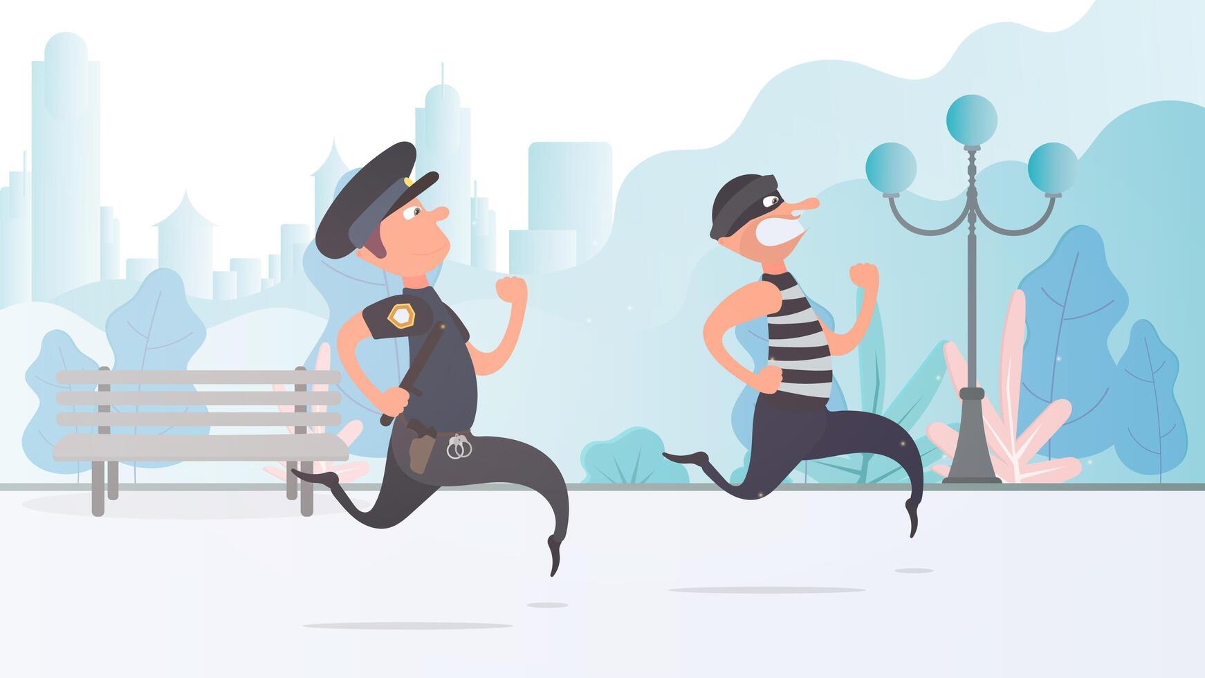 un policía corre tras un ladrón. el criminal se escapa del policía. estilo de dibujos animados. vector. vector