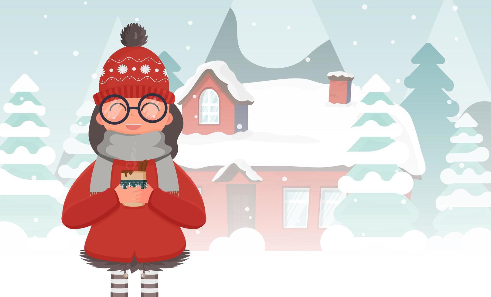 A girl in winter clothes is holding a hot drink. House in a snowy forest. Christmas trees, mountains, snow. Banner with space for text. Vector illustration.