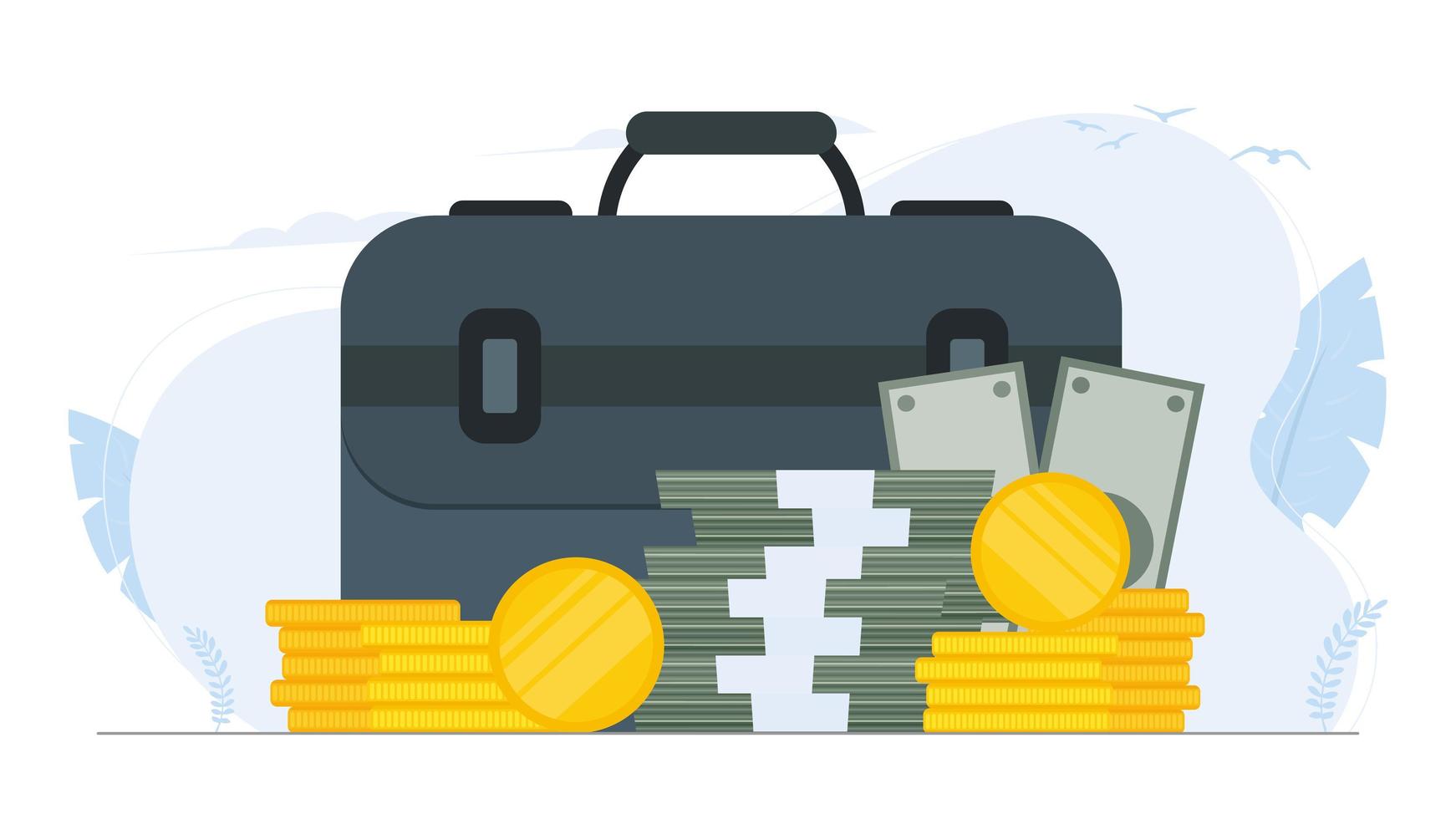 Large suitcase. Dollars, bundles of money, gold coins. The concept of a successful business, earnings and wealth. Vector. vector