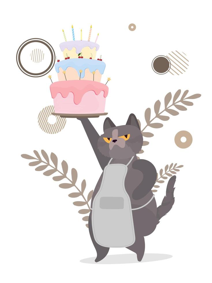 gato gracioso sostiene una magdalena festiva. dulces con crema, muffin, postre festivo, confitería. bueno para tarjetas de feliz cumpleaños. estilo plano vectorial. vector