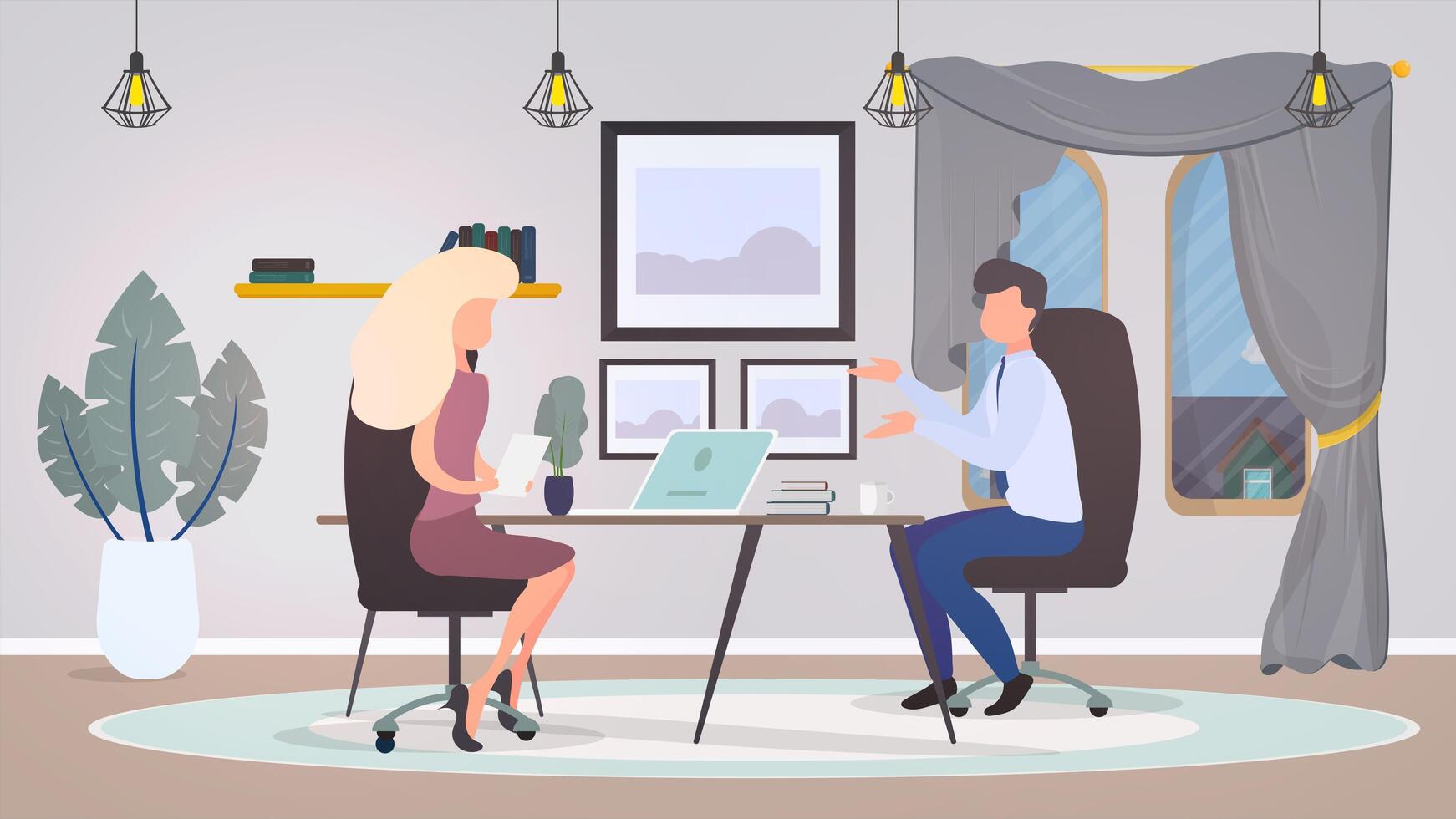 Job interview for people with disabilities. Disabled man sitting in a wheelchair, accepting a hired contract with a female employer. Job Interviews. Cartoon illustration. vector