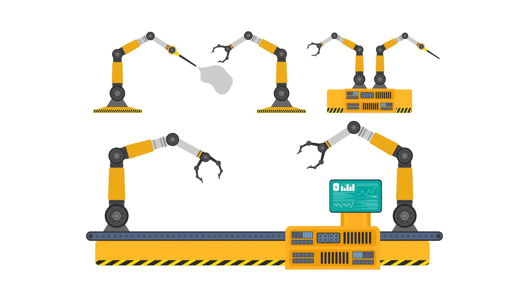 Transportador automático de línea de producción completo con manipuladores robóticos. operación automática. manipulador de robot industrial. tecnología industrial moderna. Aparatos para plantas de fabricación. aislado, vector