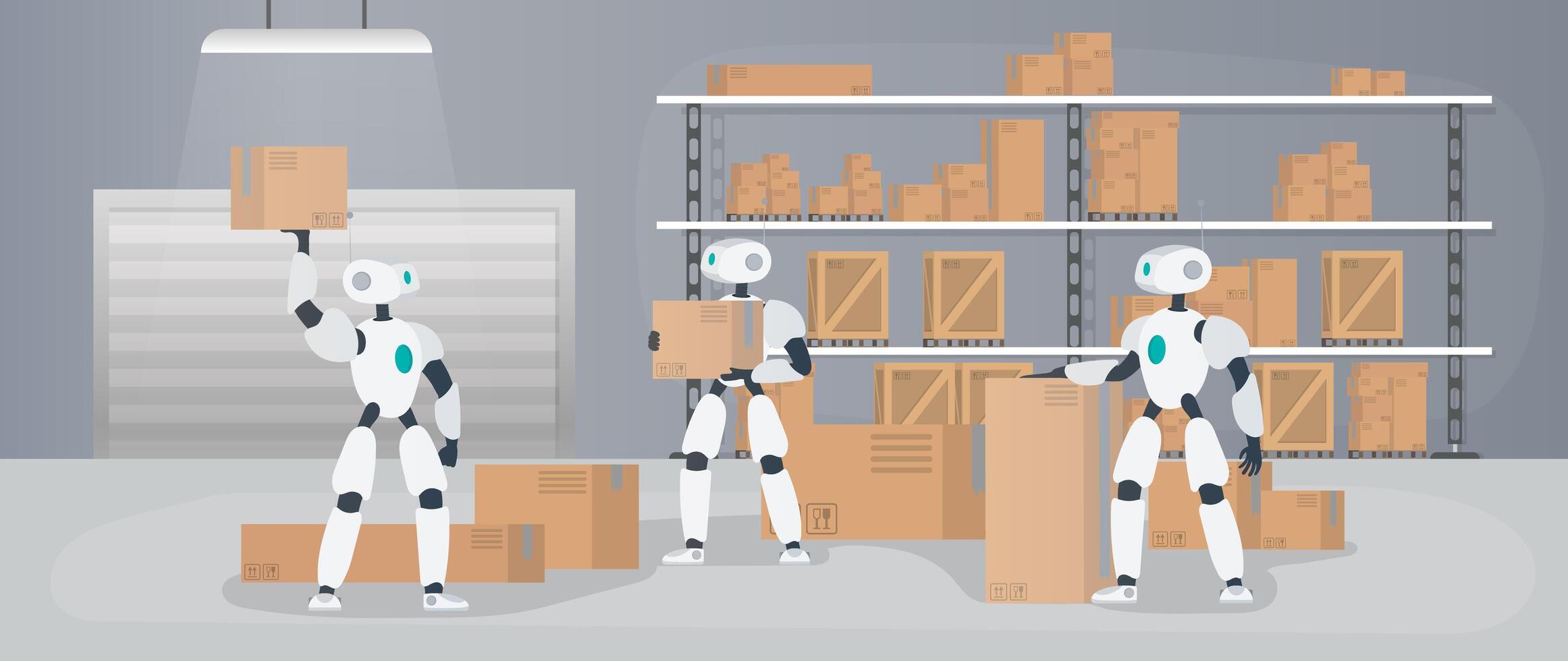 Robots work in a manufacturing warehouse. Robots carry boxes and lift the load. Futuristic concept of delivery, transportation and loading of goods. Large warehouse with boxes and pallets. Vector. vector