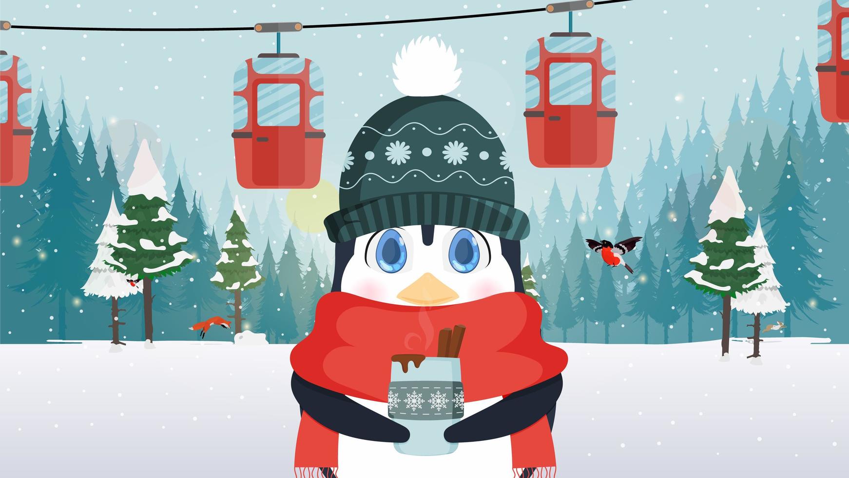 un pequeño pingüino lindo con un gorro de invierno y una bufanda sostiene una bebida caliente en sus manos. teleférico con remolques en el bosque de invierno. carro funicular. ilustración vectorial. vector