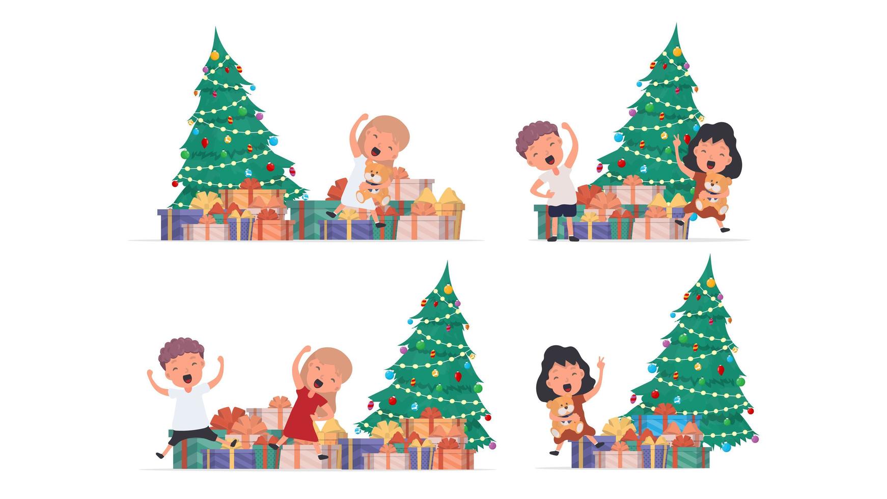 niños felices con regalos. niños felices, cajas de regalo, árbol de navidad. aislado. vector. vector