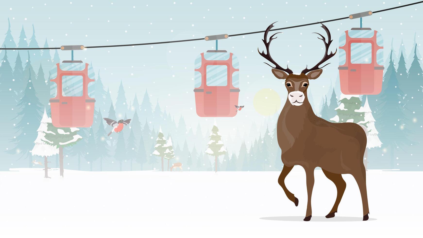 gran venado cornudo. teleférico con remolques en el bosque de invierno. carro funicular. el bosque está con ciervos y nieve. estilo de dibujos animados. ilustración vectorial. vector