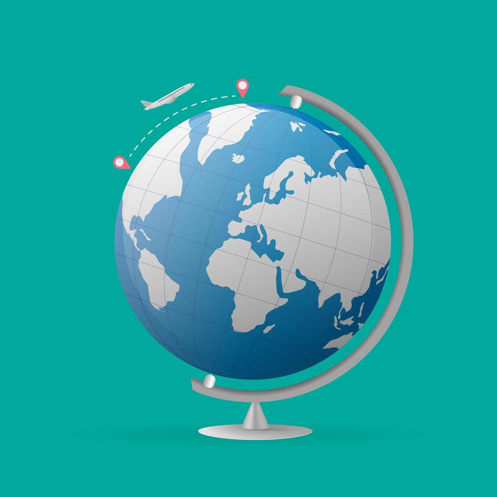 Vector illustration of a globe. The plane flies from point A to point B. Element for design on the theme of travel, air travel and tourism.