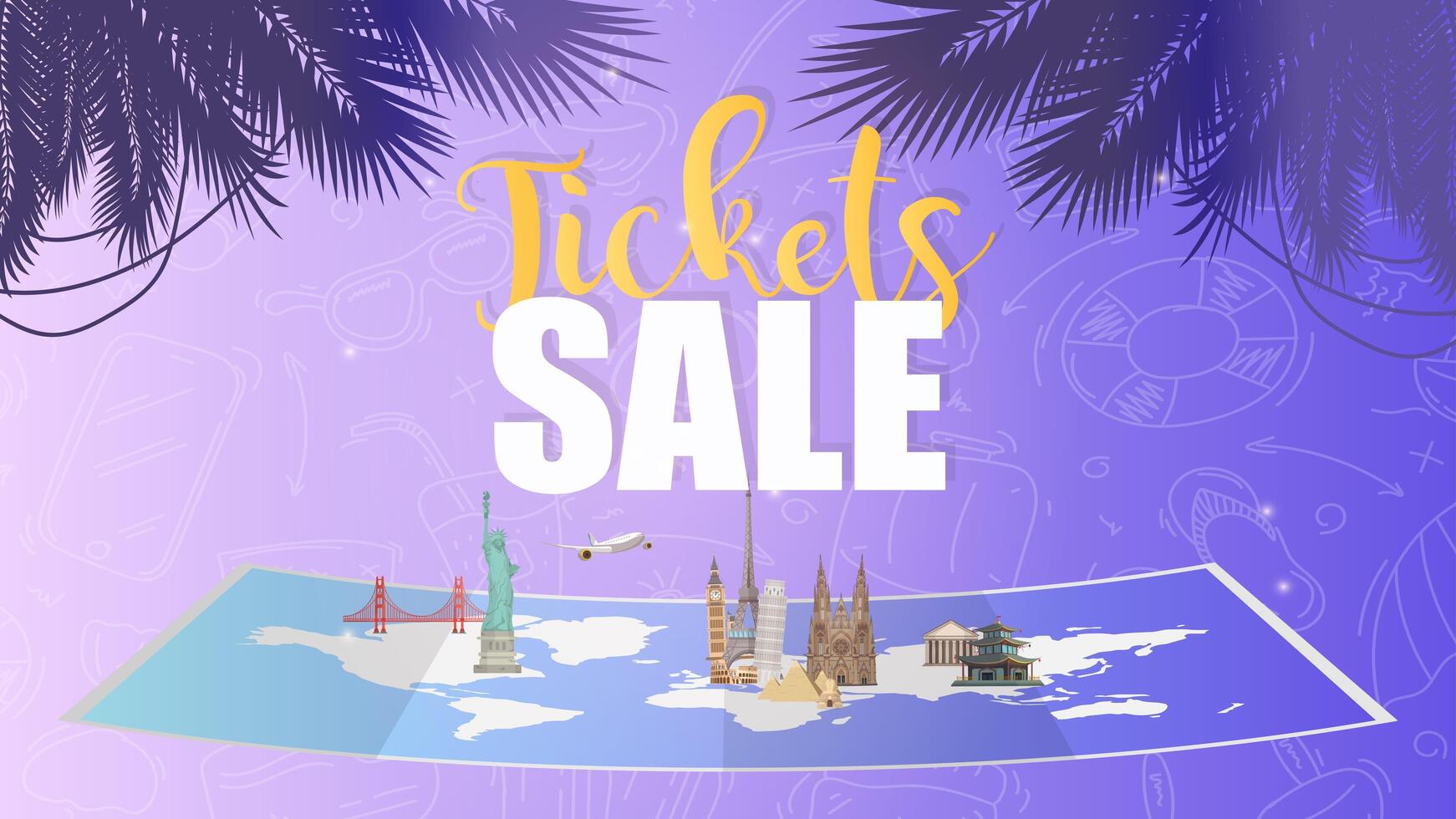 Tickets sale banner. World map with voluminous attractions. vector