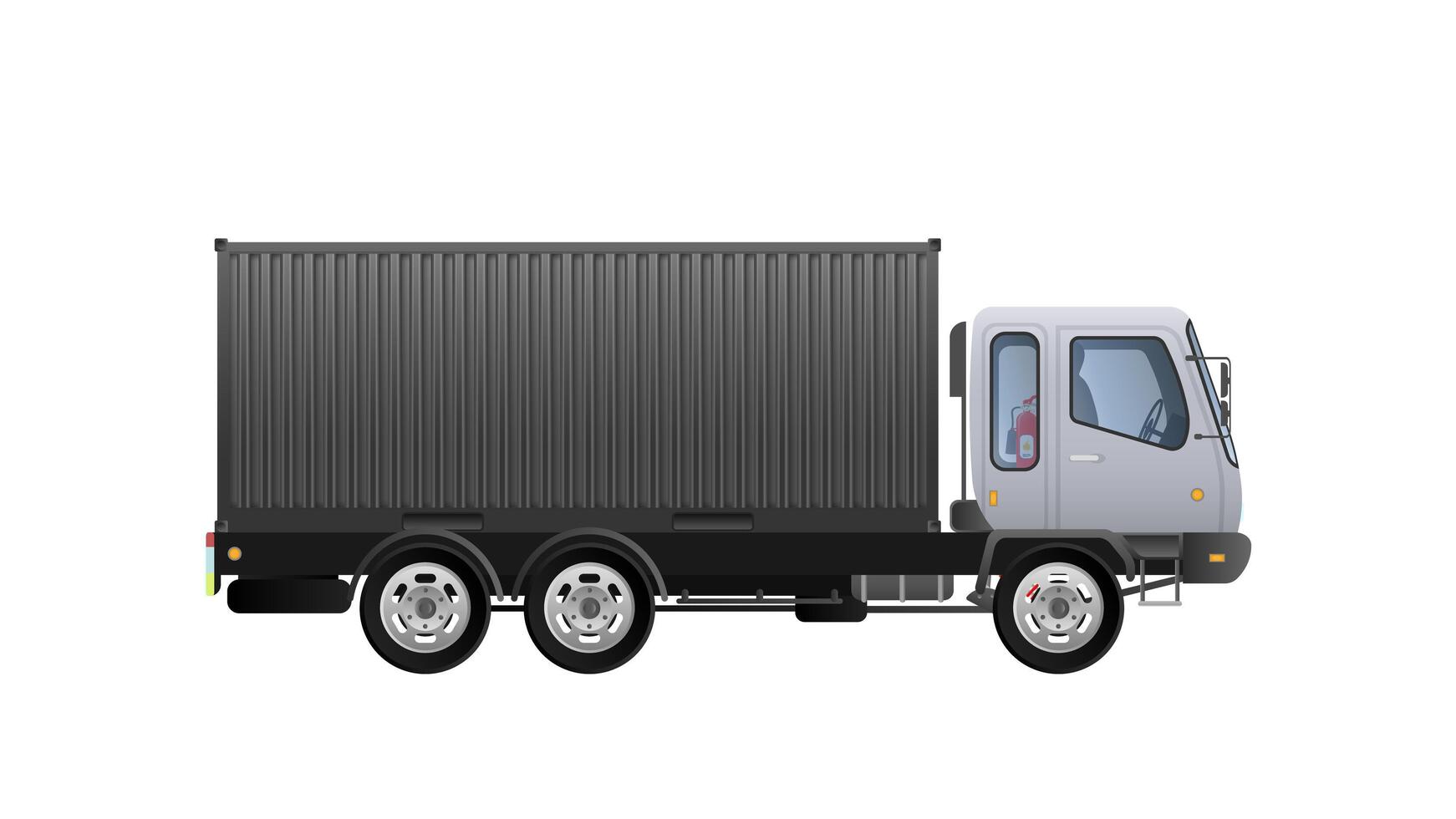 Vector truck side view. Delivery of cargo. Solid and flat color design. Black truck for transportation. Separate on a white background.