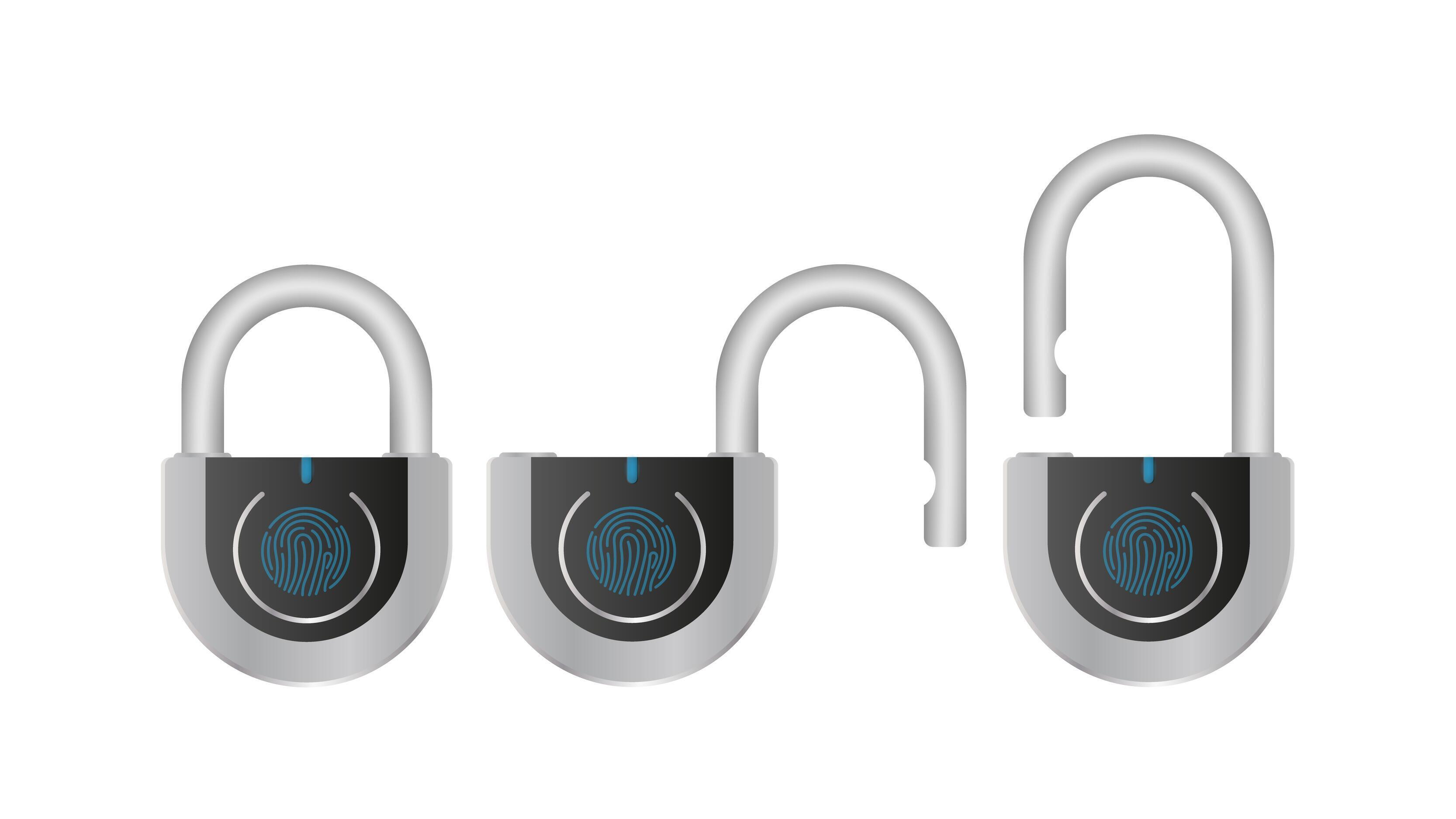 Set of padlocks with fingerprint scanner. A modern padlock is opened