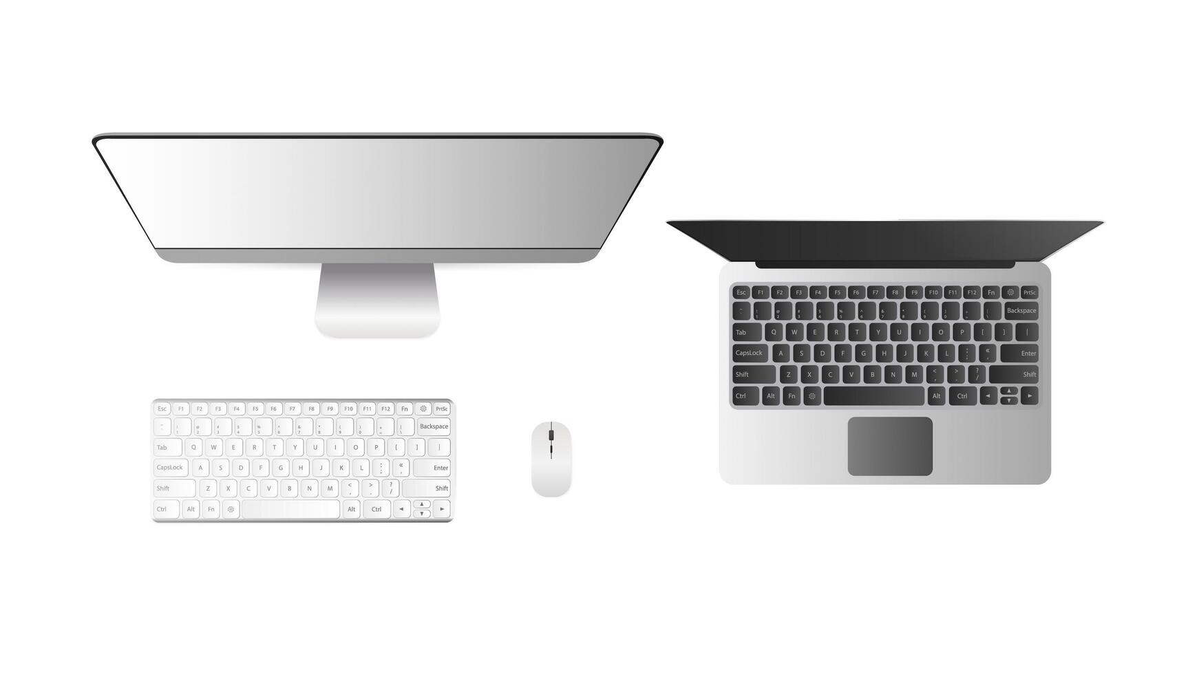 Set of computers top view. Desktop PC Open laptop. Isolated on a white background. Realistic. . vector