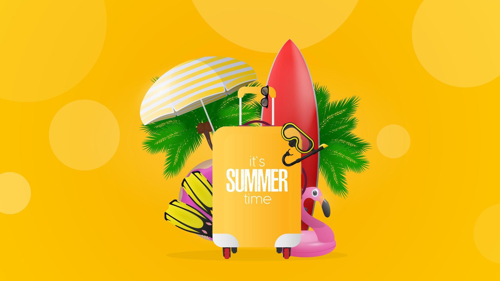 Composition on the theme of summer time. Yellow summer banner. Red surfboard, yellow suitcase for tourism, flippers, swimming mask, goggles, palm trees, umbrella, rubber rings for swimming. Vector. vector