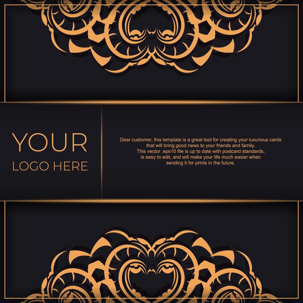 Black luxury postcard design with gold vintage ornament. Can be used as background and wallpaper. Elegant and classic vector elements ready for print and typography.