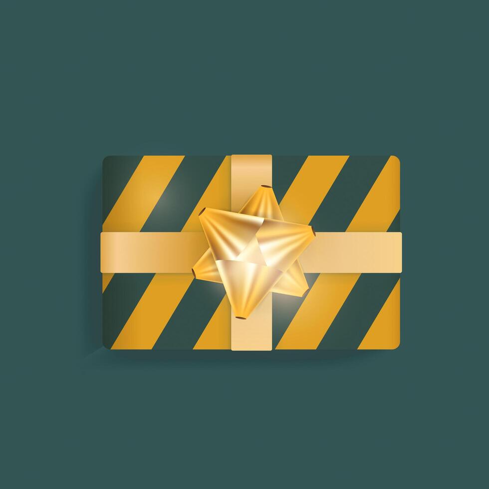 Realistic gift box with green and yellow stripes, gold ribbons and bow. illustration. Trending colors. vector