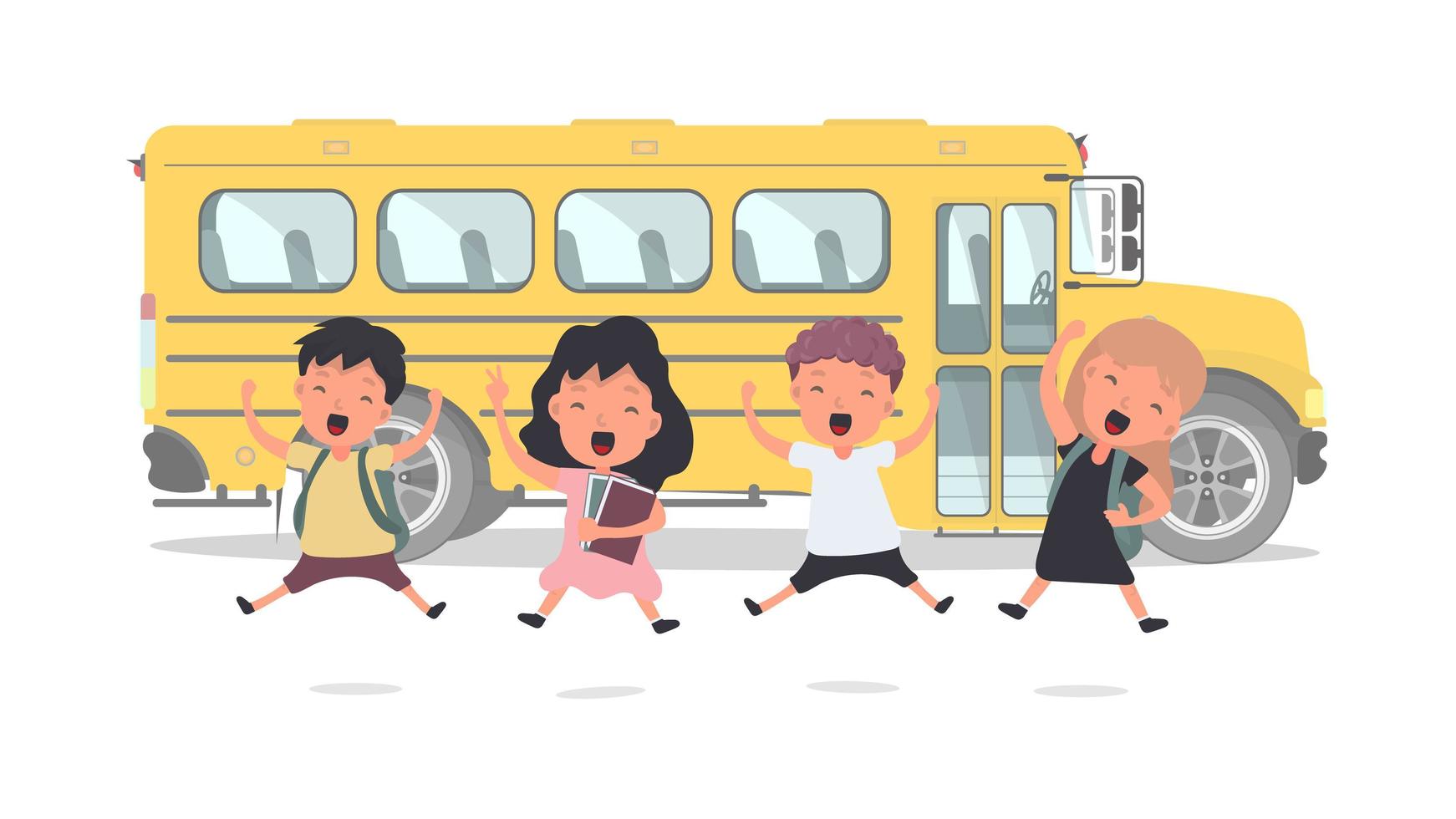 Happy children and a school bus. Children go to school. Yellow bus for school. Isolated. Vetkor. vector