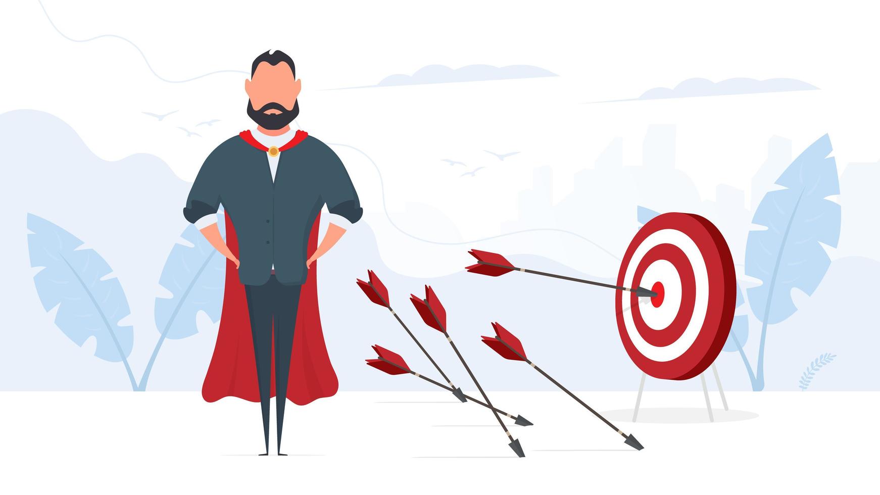 Businessman hits the target. Hit the center of the target with an arrow. The concept of motivation and achievements in business. Vector. vector