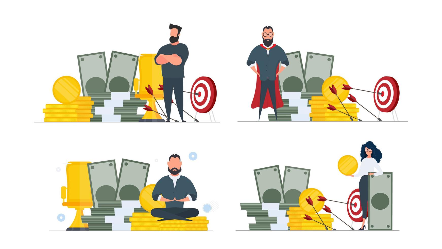 Set for posters and presentations. Businessman and a mountain of money. A man stands near gold coins and large dollar bills. A bundle of money. Vector. vector