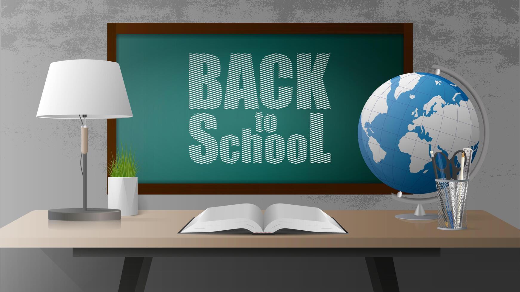 Back to school banner. Green board, open book, wooden table in the loft style, globe, table lamp, pot of grass, gray concrete wall. Realistic style illustration. vector