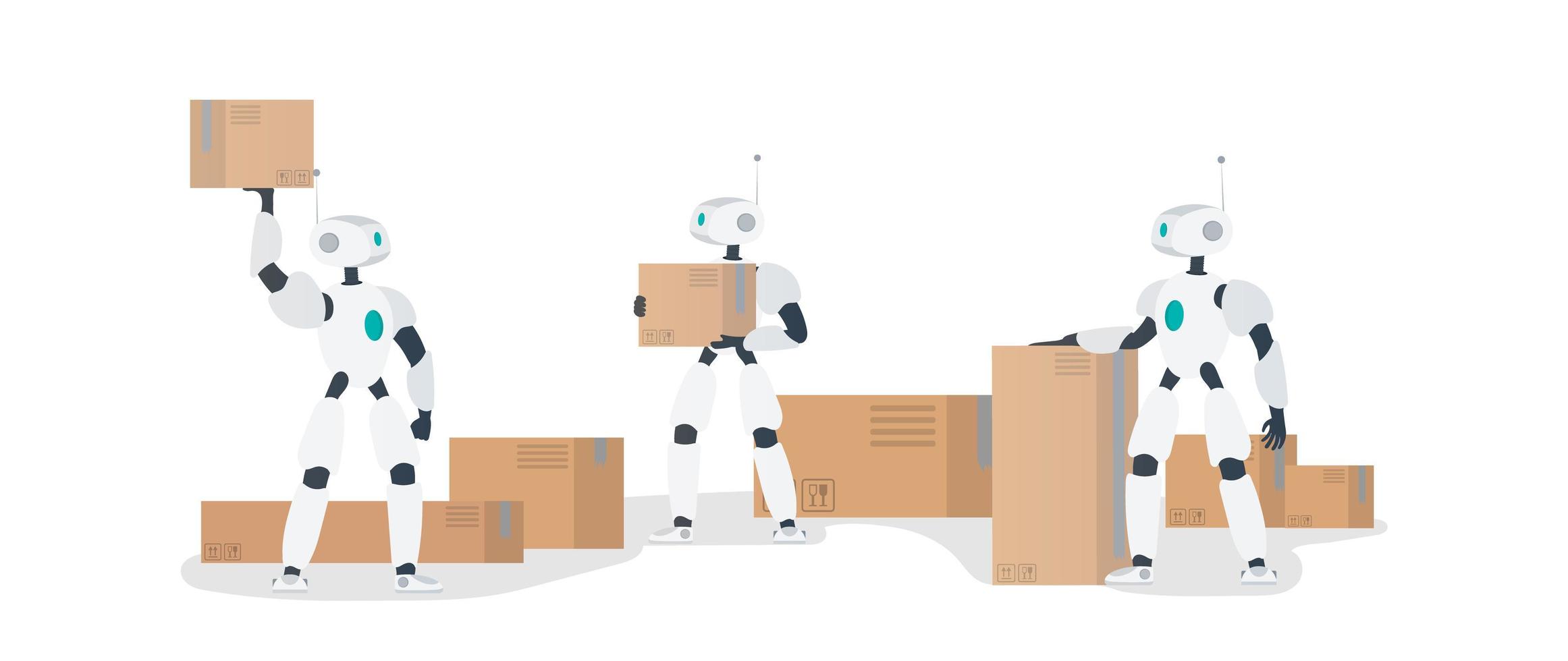 un robot blanco sostiene una caja. conjunto de robots futuristas. el concepto de entrega futura, inteligencia artificial y tecnología. aislado, vector. vector