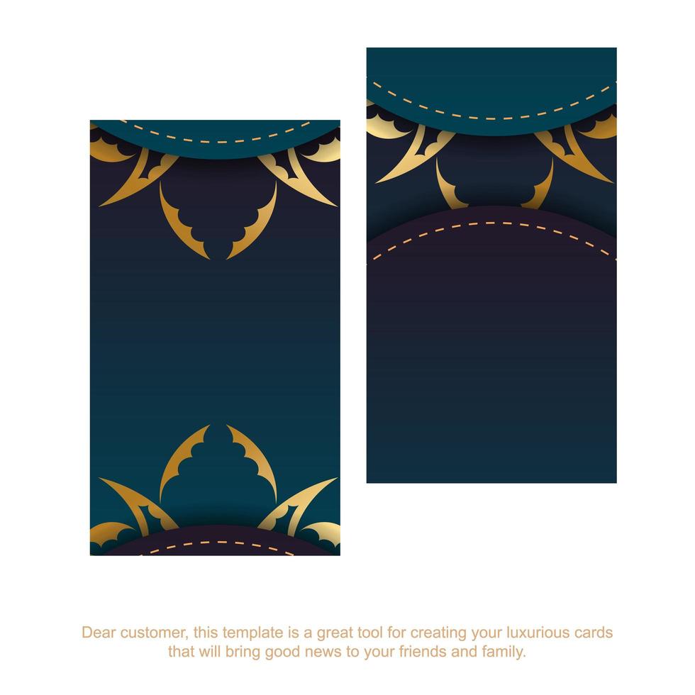 tarjeta de presentación con un color azul degradado con un adorno de mandala dorado para tu negocio. vector