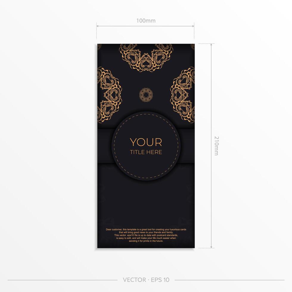 Black luxury postcard design with gold vintage mandala ornament. Can be used as background and wallpaper. Elegant and classic vector elements ready for print and typography.