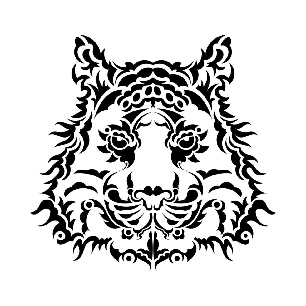 The lion's face is made up of patterns. Tiger tattoo isolated on white background. Vector illustration.