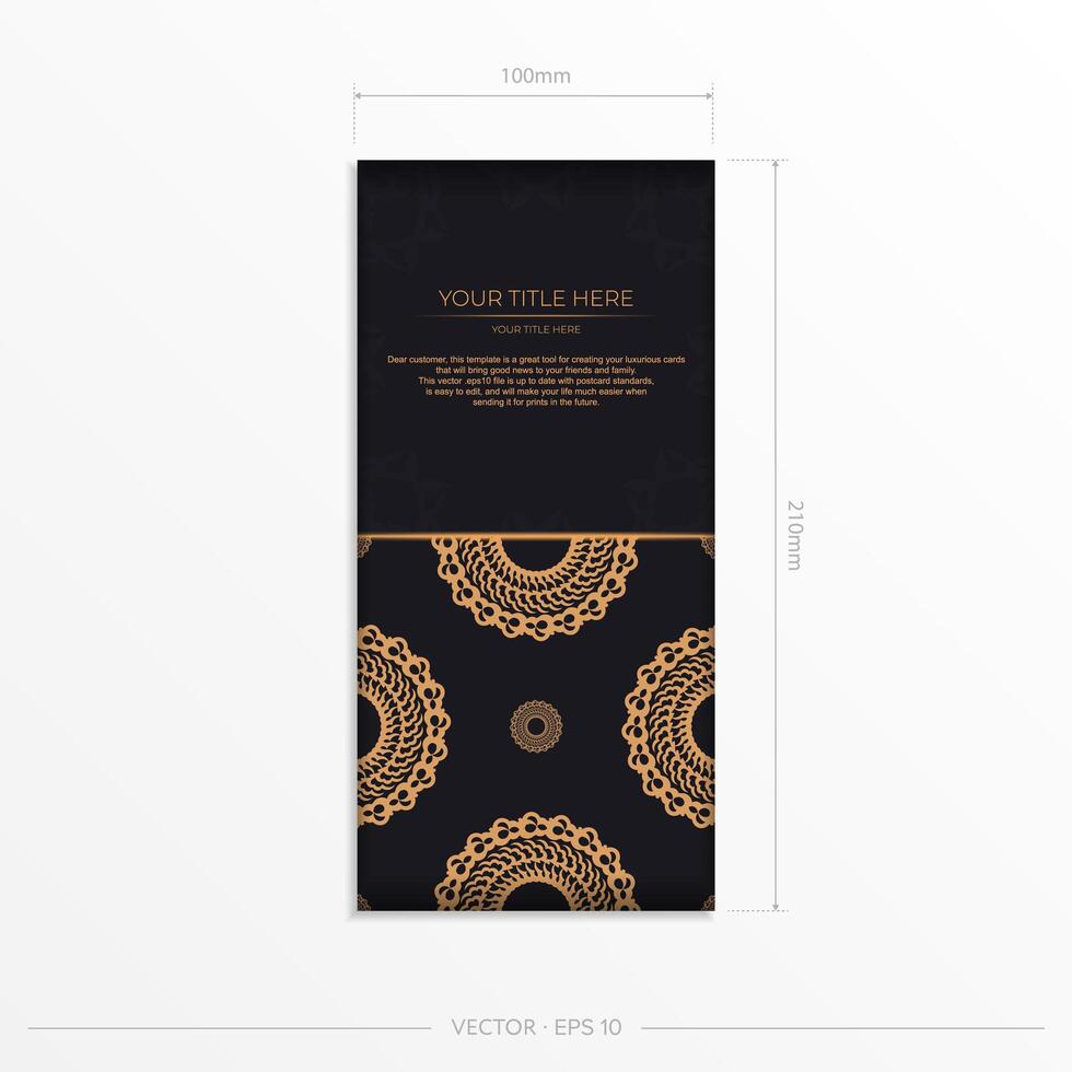 Dark black gold postcard template with white Indian mandala ornament. Elegant and classic vector elements ready for print and typography.