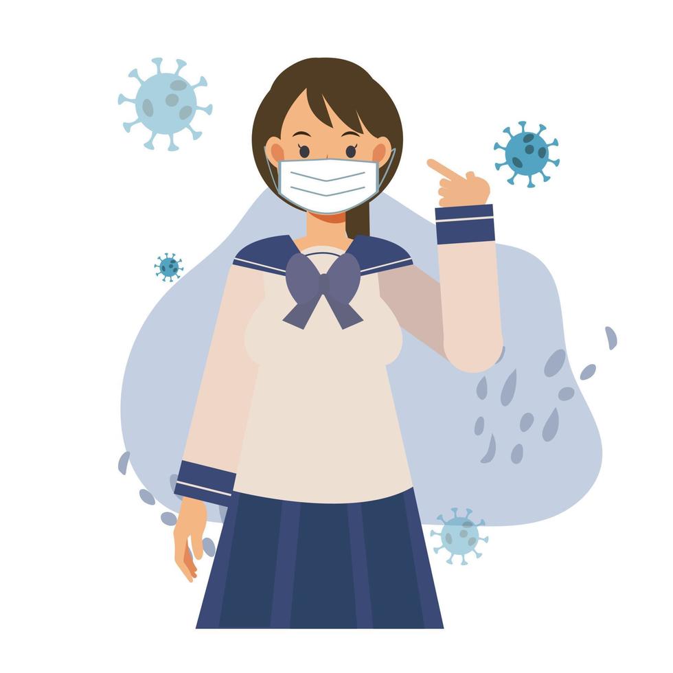 covid-19 concept.female japanese student is showing that he is wearing medical mask.Flat vector cartoon character illustration.