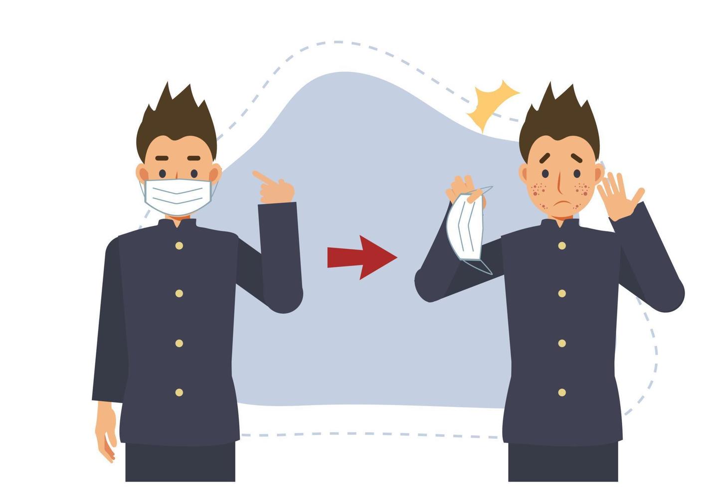 Acne caused wearing medical face mask.Maskne concept.pimples. skin problems.male japanese teenager student showing acne problem.Flat vector cartoon character illustration.
