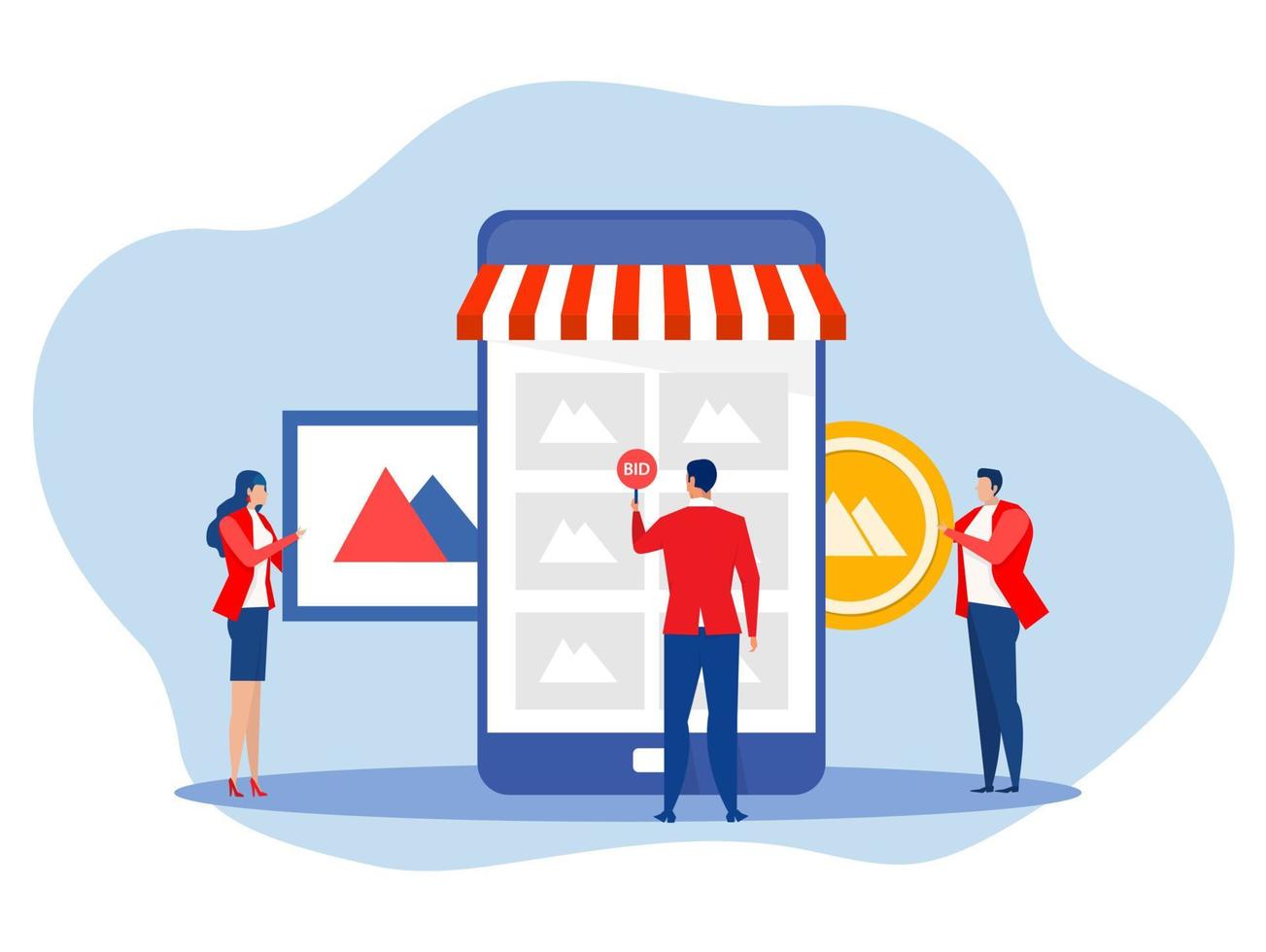 Non fungible token sell and buy art on market place illustration landing page for websites, mobile applications vector