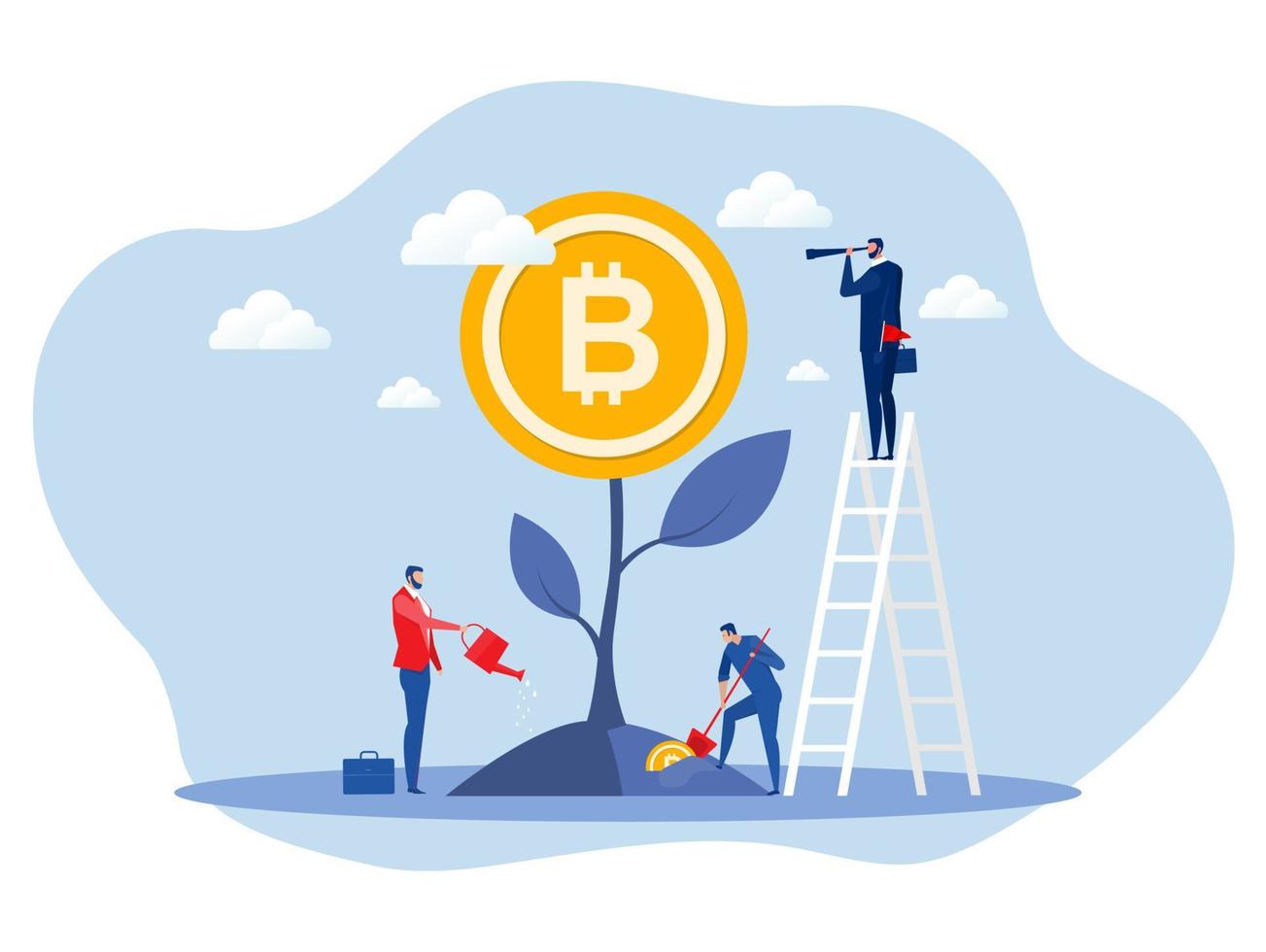 businessman watering money tree with growth bitcoins , the analyst finance future. Vector illustration