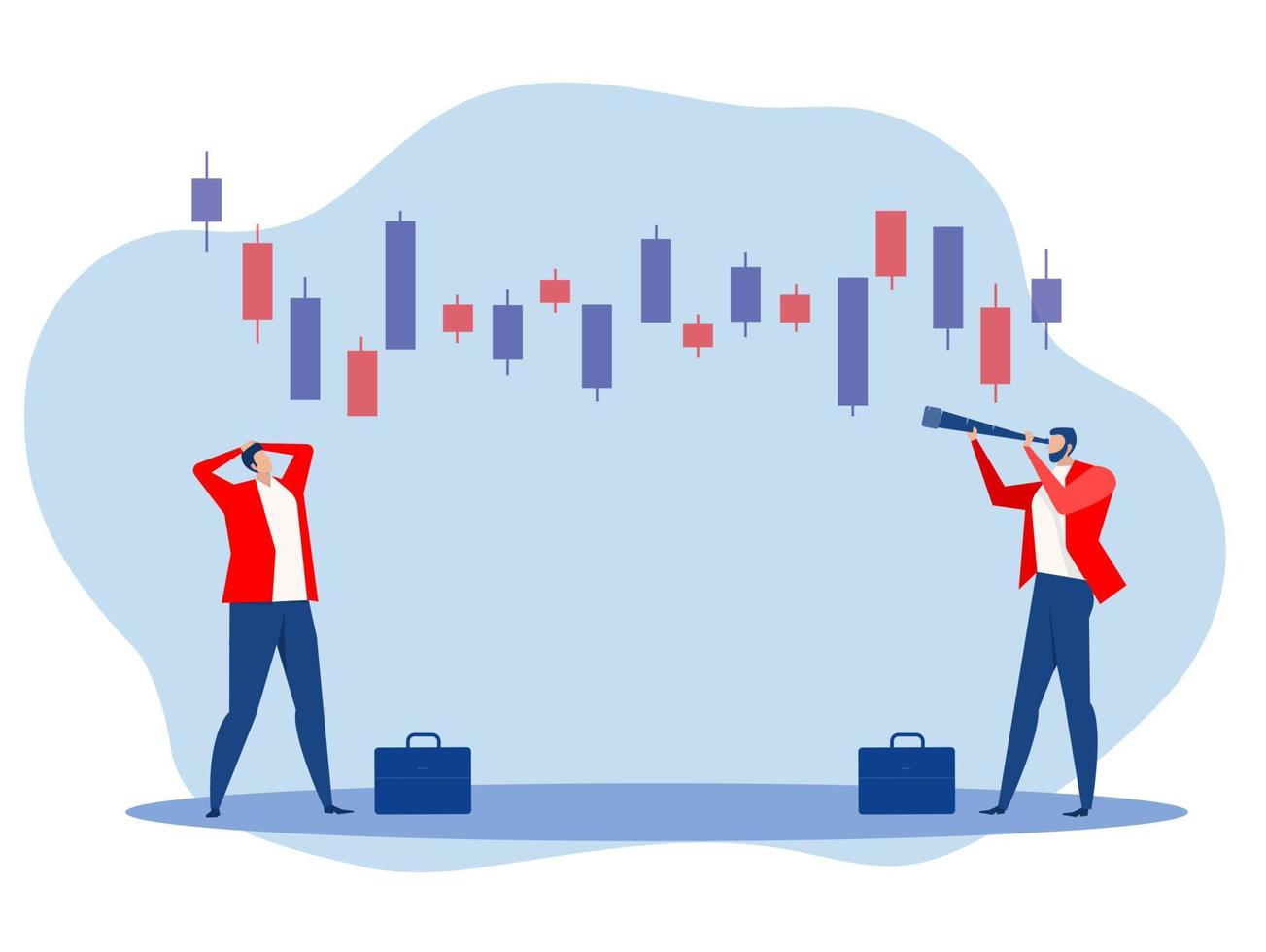 dos hombres de negocios analizan el negocio del mercado financiero. los comerciantes administran el fondo de inversión. ilustración vectorial plana de dibujos animados vector