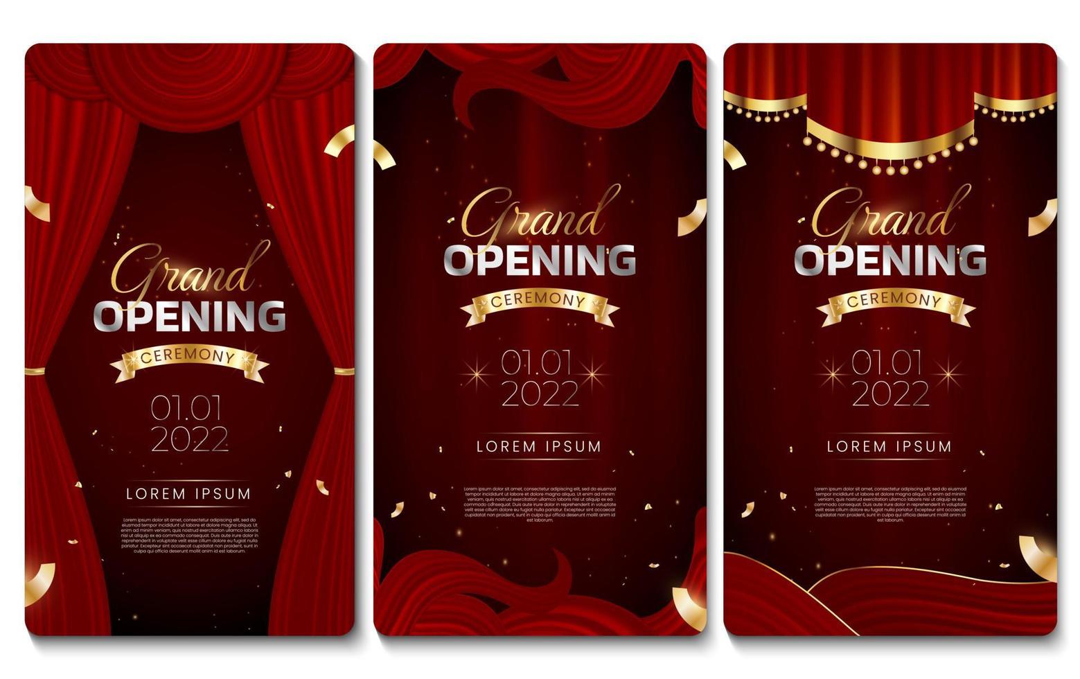 Grand opening elegant luxury banner social media stories template with red curtain, swirl silk, golden glitters and confetti. vector