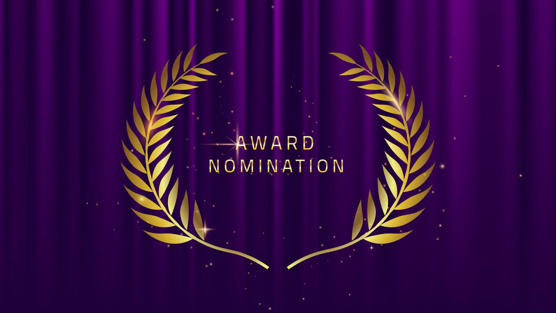 Purple award glitter background with golden laurel wreath. Award