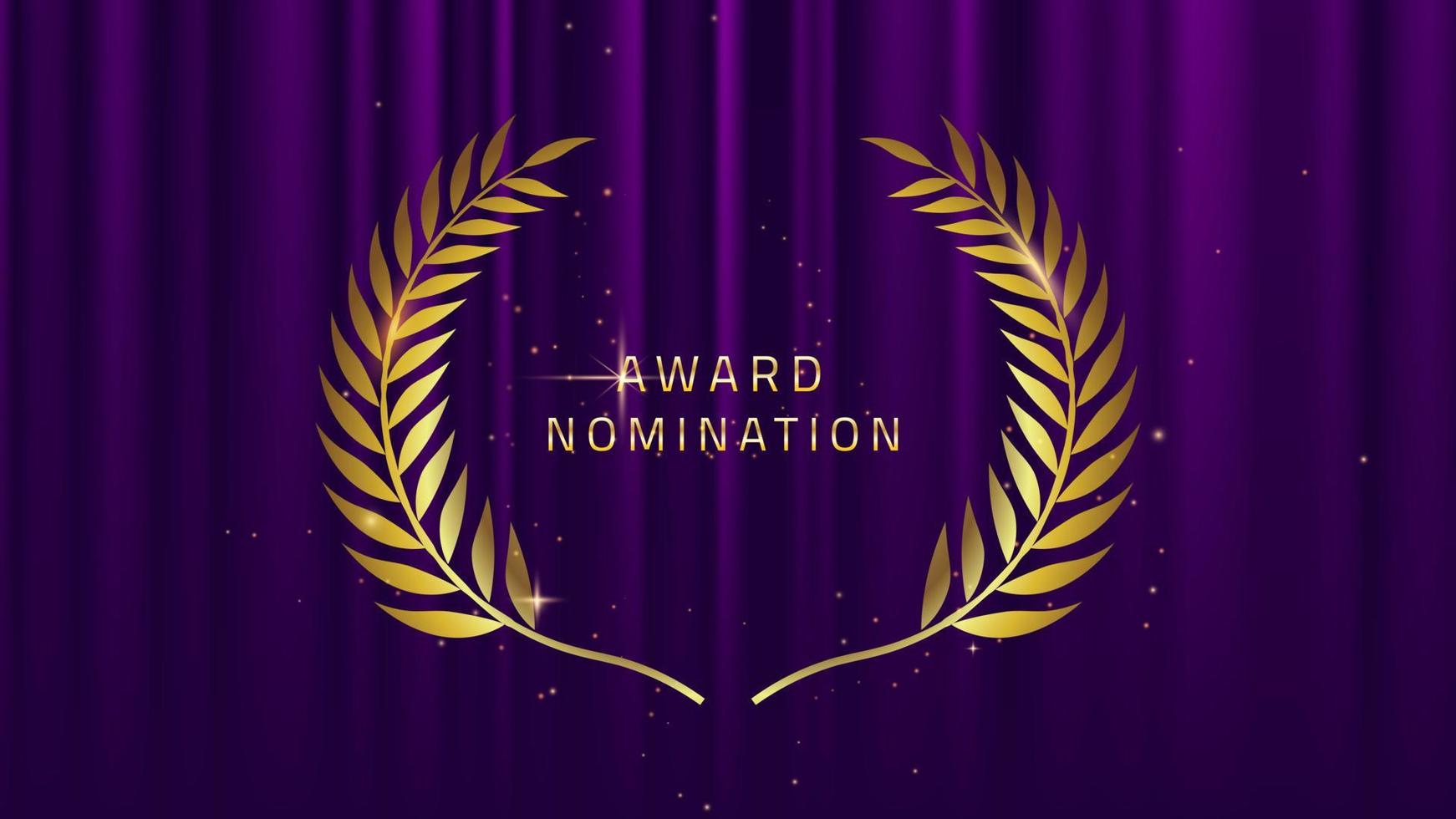 Purple award glitter background with golden laurel wreath. Award Nomination winner banner. Realistic silk abstract fabric texture. Purple curtain with golden leaves. vector