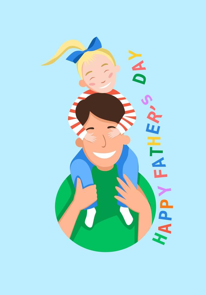 Father is the day. the girl is sitting on her father is back. Happy family. Flat vector illustration on a white isolated background. Stock image for a postcard or banner