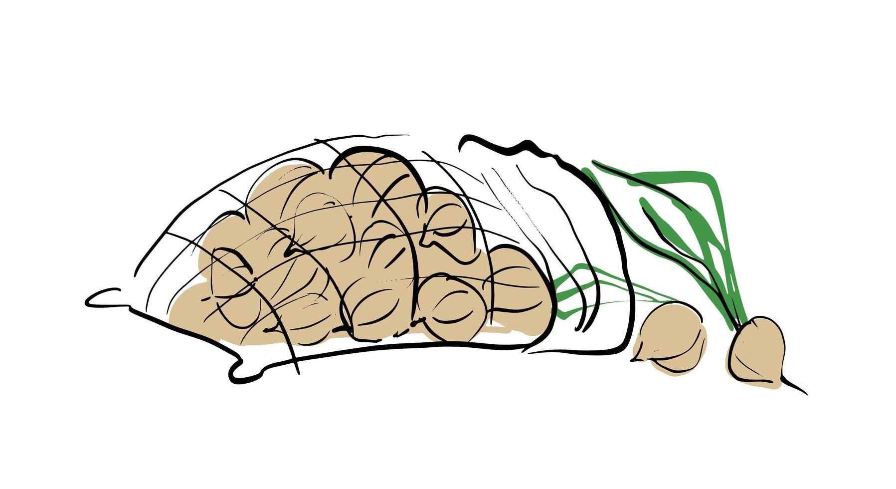 Fresh crop of onions in a mesh bag. Stock vector illustration on a white isolated background. For a logo, for icons in social networks.