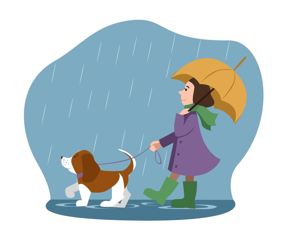 a beautiful little girl and a cute cartoon dog under an umbrella. rainy weather. Vector illustration.