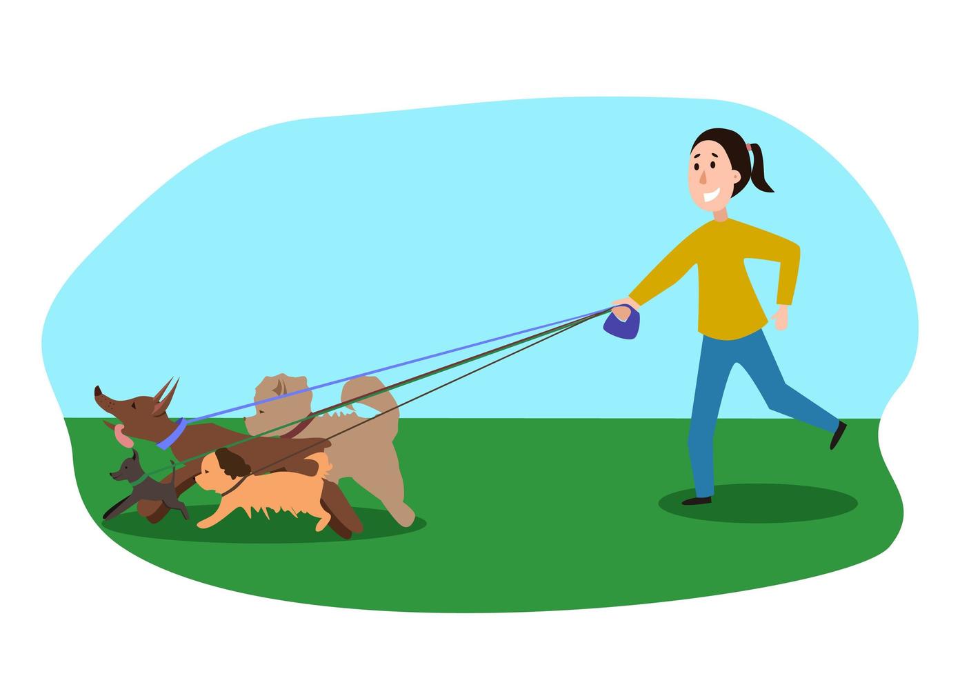 un hombre paseando muchos perros en el parque. ilustración vectorial sobre un fondo blanco. vector