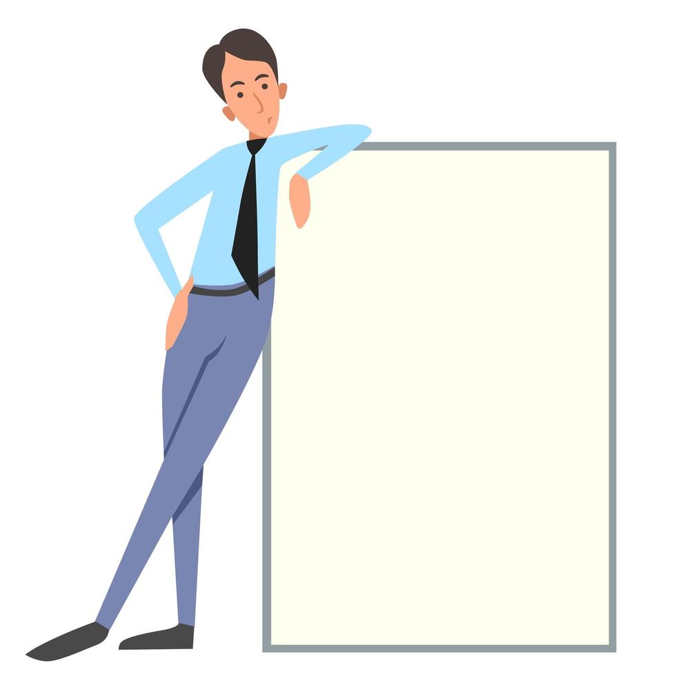 Vector illustration of an office worker. A man in trousers and shirt holds a banner, a poster. Free space for the text.