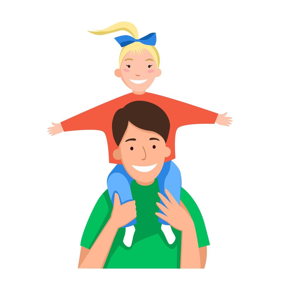 Father is day. the girl is sitting on her father is neck. Happy family. Flat vector illustration on a white isolated background. Stock image for a postcard or banner