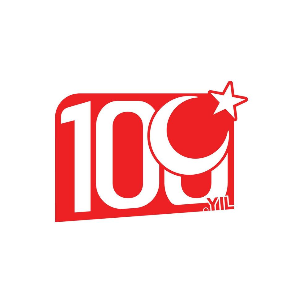 100 years logo. Vector illustration of 100 year old red Turkish flag. Creative and distinctive 100th anniversary label design.
