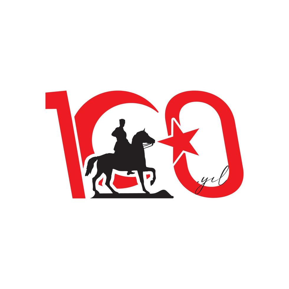 Logotipo de 100 años. Ilustración vectorial de la bandera turca roja de 100 años y ataturk. dibujo de silueta sobre el caballo y la bandera turca en el centenario. vector