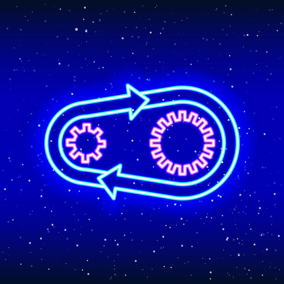 Neon linear design of endless arrow around gear. Neon gear and arrow. Gear wheels on the marker arrow. Repair with neon in space. Unique and realistic neon icon. Linear icon on blue background. vector