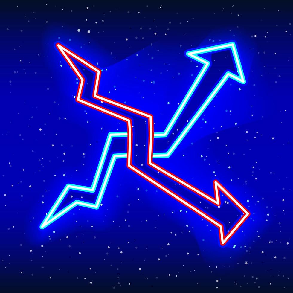 Lightning arrows. Neon luminous lightning arrow up-down design. Linear finance arrow faceted design. Glowing neon cross arrow sign in space. Unique and realistic neon icon. vector