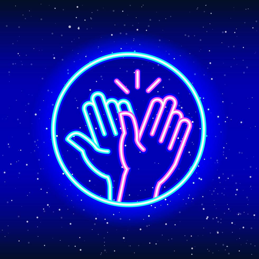 Applaud and congratulate. Clap design in air with neon lights. Linear hand success-power design. Glowing neon handshake sign in space. Unique and realistic neon icon. Linear icon on blue background. vector