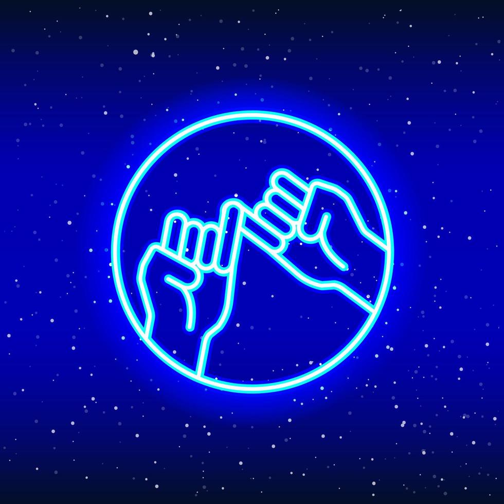 Keep the pinky finger. Neon-lit pinky fingers design. Linear team bet pinky design. Glowing neon hand sign in space. Unique and realistic neon icon. Linear icon on blue background. vector