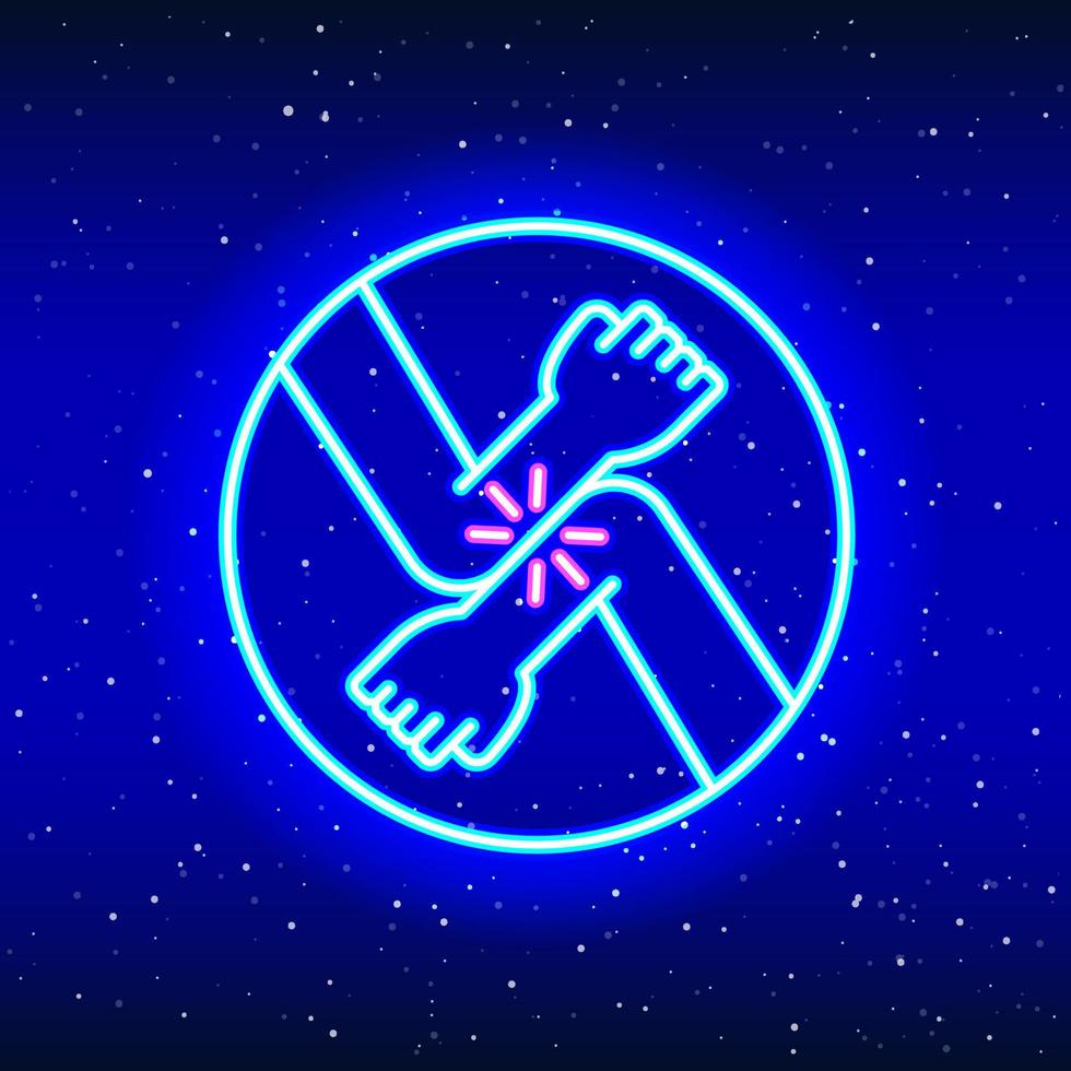 Elbow salute. Neon luminous elbow to elbow salute design. Linear pandemic contact design. Glowing neon elbow salute sign in space. Unique and realistic neon icon. Linear icon on blue background. vector