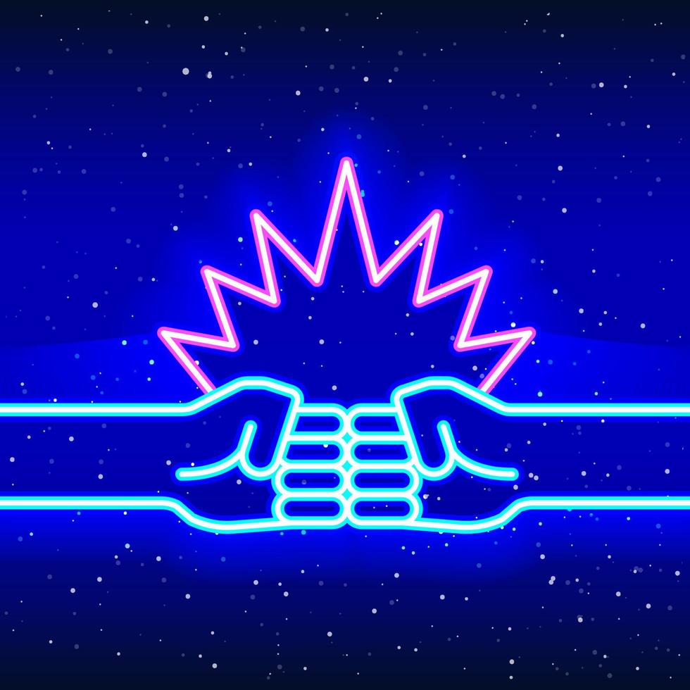 Fists clash. Fists colliding design with neon light. Linear air-fist collision design. Fist sign in space. Unique and realistic neon icon. Linear icon on blue background. vector